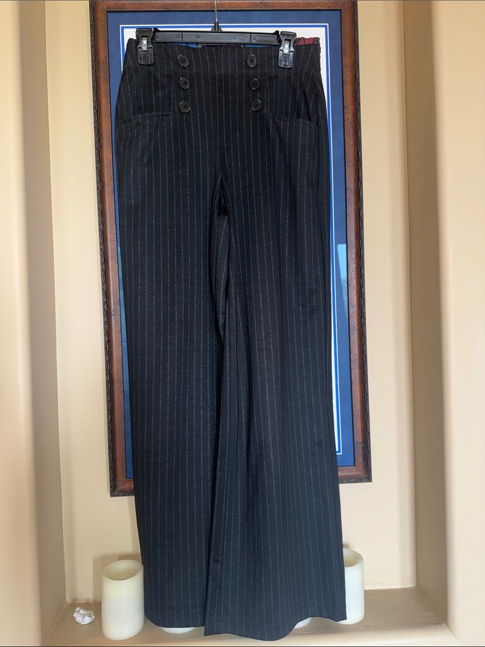 Max Studio Black Pinstripe Boot-Cut Trousers. NEW wide stretch waistband S